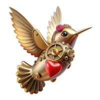 impressive mysterious creative A tiny steampunk hummingbird with delicate brass wings and a ruby heart, hovering amidst gears and cogs, soft, ethereal lighting, fantasy art style refined png