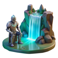 playful fascinating A lone knight in shining armor kneeling before a mystical waterfall cascading into a crystal clear pool, soft diffused lighting, in a painterly style artisan png