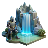 fascinating timeless A lone knight in shining armor kneeling before a mystical waterfall cascading into a crystal clear pool, soft diffused lighting, in a painterly style png
