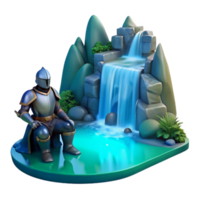 spectacular bold gothic A lone knight in shining armor kneeling before a mystical waterfall cascading into a crystal clear pool, soft diffused lighting, in a painterly style 4K png