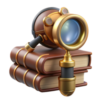 dramatic rare A steampunk monocle with a brass frame and a magnifying glass, resting on a stack of books, soft, diffused lighting, realistic style png