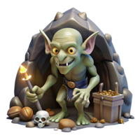 serene memorable A grotesque goblin scavenging in a dimly lit cave, surrounded by bones and treasures, dark fantasy style png