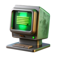 stunning sought after A vintage computer monitor displaying cascading green text, dust motes illuminated by its glow, dimly lit room, retrofuturism style png