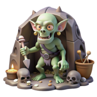 iconic rustic A grotesque goblin scavenging in a dimly lit cave, surrounded by bones and treasures, dark fantasy style masterfully captured png