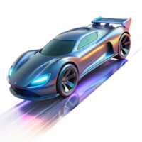 inspired bohemian A futuristic racing car, sleek and aerodynamic, speeds around a track suspended in the air. Dynamic, motion blur lighting. Cyberpunk style refined png