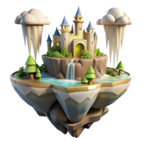 beautiful tranquil abstract Floating island with castle, waterfalls cascading down, soft golden light, fantasy, romantic style masterfully captured png