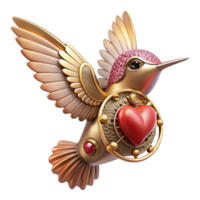 pristine rare A tiny steampunk hummingbird with delicate brass wings and a ruby heart, hovering amidst gears and cogs, soft, ethereal lighting, fantasy art style png