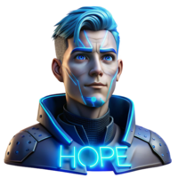 mesmerizing impressionist Portrait of a stoic cyborg with glowing blue circuitry visible beneath cracked porcelain skin, half lit by a neon sign reading Hope, cyberpunk style 4K png