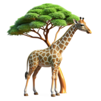 playful serene A majestic giraffe reaching for leaves in a tall tree, African savanna setting, realistic rendering 8K png