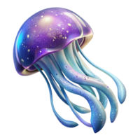 alluring calm mid century A colossal bioluminescent jellyfish drifts through a nebula, iridescent tentacles trailing stardust, dreamlike and surreal, painterly style high resolution png