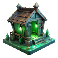 immaculate industrial A dilapidated wooden shack in a swamp, eerie green lighting, horror style, high resolution png