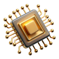 signature creative A single microchip, its golden connectors gleaming, suspended in a network of swirling binary code, dark background with pinpoint lighting, photorealistic style exclusive png