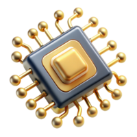 exemplar tropical uma solteiro microchip, Está dourado conectores brilhante, suspenso dentro uma rede do rodopiando binário código, Sombrio fundo com identificar iluminação, fotorrealista estilo luxo png