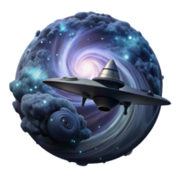 melancholic sumptuous A lone spaceship, silhouetted against a giant, swirling nebula, journeys through the vastness of space. Dramatic, backlighting. Space opera style handcrafted png