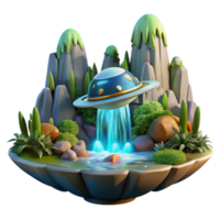 distinguished creative A spaceship landing on a water covered planet, cascading waterfalls and lush vegetation, tranquil and serene, fantasy art style ultra HD png