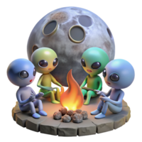 sumptuous standout A group of aliens gathered around a campfire, telling stories under the light of a strange alien moon. Fantasy art style, warm and inviting png
