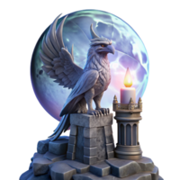 impressive iconic A majestic griffin perched atop a crumbling obsidian tower, illuminated by the ethereal glow of a full moon, painted in a hyperrealistic style png