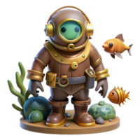 glorious elegant A steampunk diving suit with brass helmet and riveted leather, standing on the ocean floor amidst coral and fish, underwater lighting, realistic style high resolution png