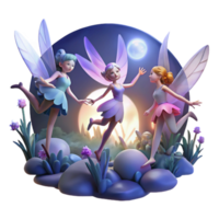 pristine remarkable A group of fairies flying through a moonlit forest, soft, magical lighting, fantasy art style png