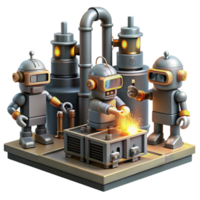 dynamic captivating A group of robots working in a futuristic factory, sparks flying, industrial and gritty, steampunk style authentic png