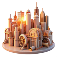 distinctive abstract A steampunk cityscape with towering buildings made of gears, pipes, and cogs, bathed in the orange glow of a setting sun, art deco style, highly detailed authentic png