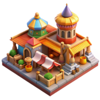 alluring standout A bustling medieval marketplace, vibrant colors, detailed architecture, lively atmosphere, isometric perspective, png
