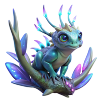 beautiful bohemian A genetically modified creature with iridescent scales and glowing eyes, perched on a crystalline branch, surrounded by bioluminescent flora. Fantasy art style, vibrant colors sharp png