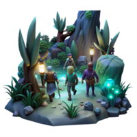 sought after vintage A group of adventurers exploring a dark, overgrown forest, dim, mysterious lighting, fantasy art style genuine png
