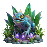 nostalgic stunning A genetically modified creature with iridescent scales, lurking in a dark jungle, bioluminescent plants illuminating the scene, eerie and suspenseful, fantasy art style sharp png