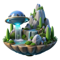 mysterious immaculate A spaceship landing on a water covered planet, cascading waterfalls and lush vegetation, tranquil and serene, fantasy art style authentic png