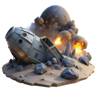 pristine unforgettable A crashed spaceship on a desolate alien planet, smoke rising from the wreckage, lit by the eerie glow of a nearby nebula. Photorealistic, dramatic lighting png