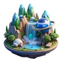 bold splendid A spaceship landing on a water covered planet, cascading waterfalls and lush vegetation, tranquil and serene, fantasy art style sharp png
