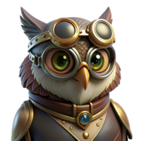 vibrant futuristic A close up portrait of a steampunk owl, goggles and intricate brass mechanisms, dark, moody lighting, hyperrealistic style artisan png
