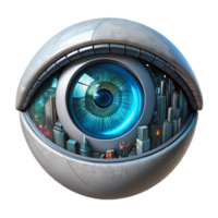 pristine distinctive A close up of a cyborg s eye, intricate mechanical details visible, reflecting a futuristic cityscape. Cyberpunk style, high detail png