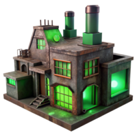 calm beautiful Abandoned factory, rusted metal and broken windows, eerie green light, dystopian, grunge style sharp png