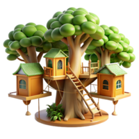 rare modern Treehouse village connected by rope bridges, dappled sunlight filtering through leaves, whimsical style, elite png