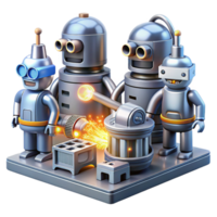 mesmerizing distinctive A group of robots working in a futuristic factory, sparks flying, bathed in the industrial light. Industrial design style, metallic textures png