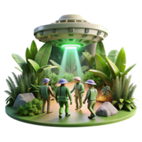 elegant traditional A group of explorers discovering a hidden alien temple, overgrown with vegetation, illuminated by shafts of sunlight. Exploration art style, lush vegetation high quality png