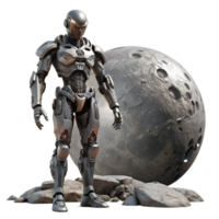 calm wonderful A cyborg with intricate mechanical augmentations, standing on a desolate, windswept alien planet, gazing at a shattered moon. Greg Rutkowski style, muted color palette detailed png