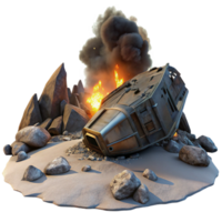 sought after creative A crashed spaceship on a desolate alien planet, smoke rising from the wreckage, lit by the eerie glow of a nearby nebula. Photorealistic, dramatic lighting sharp png