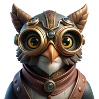 alluring coveted A close up portrait of a steampunk owl, goggles and intricate brass mechanisms, dark, moody lighting, hyperrealistic style png