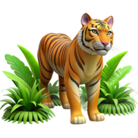 majestic tropical A powerful tiger stalking through the jungle, dappled sunlight and lush vegetation, in a realistic style authentic png