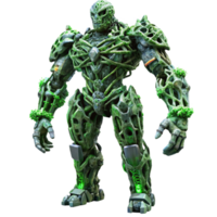 reflective pristine A colossal robotic sentinel, composed of interwoven metallic vines, stands guard over a desolate, alien landscape. Eerie, green backlighting. Dark fantasy style high quality png