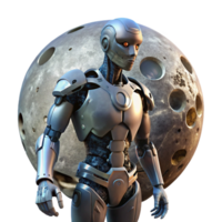 bold mesmerizing A cyborg with intricate mechanical augmentations, standing on a desolate, windswept alien planet, gazing at a shattered moon. Greg Rutkowski style, muted color palette elite png