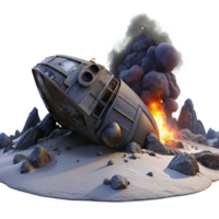 sumptuous gothic A crashed spaceship on a desolate alien planet, smoke rising from the wreckage, lit by the eerie glow of a nearby nebula. Photorealistic, dramatic lighting genuine png