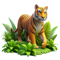 exceptional surreal A powerful tiger stalking through the jungle, dappled sunlight and lush vegetation, in a realistic style high quality png