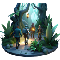 alluring contemporary A group of adventurers exploring a dark, overgrown forest, dim, mysterious lighting, fantasy art style 8K png