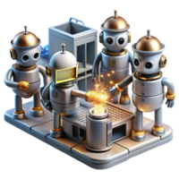 rare bohemian A group of robots working in a futuristic factory, sparks flying, bathed in the industrial light. Industrial design style, metallic textures studio quality png