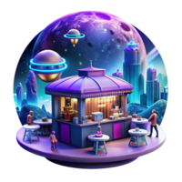 distinctive victorian A bustling cyberpunk marketplace on a distant planet, vendors selling holographic wares under a sky filled with flying vehicles. Vibrant, neon lit scene. Synthwave style crisp png