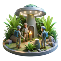 quintessential surreal A group of explorers discovering a hidden alien temple, overgrown with vegetation, illuminated by shafts of sunlight. Exploration art style, lush vegetation refined png
